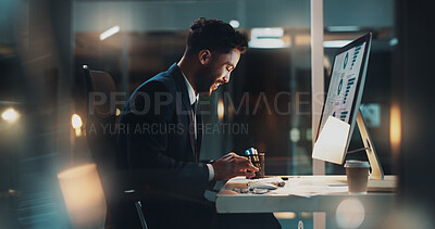 Buy stock photo Night, happy man or typing at computer for business, research or planning report presentation with stats on screen. Accountant, tech and smile in dark office for results for company finance growth