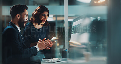 Buy stock photo Applause, computer and night with business people in office to search for location or venue. Corporate, motivation or success with smile of man and woman employee clapping at work for web development