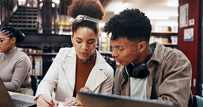 Buy stock photo Education, laptop and writing with student friends in library of university together for learning or study. Computer, development or growth with man and woman on college campus for scholarship