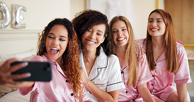 Buy stock photo Event, bridesmaid and selfie with women in bedroom for wedding ring, bridal party and social media post. Celebration, picture and friends with people at home for ceremony, maid of honor or engagement