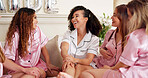 Friends, bridesmaid and morning with women in bedroom for wedding day, bridal party and support. Celebration, sleepover and event with people at home for ceremony, maid of honor and engagement