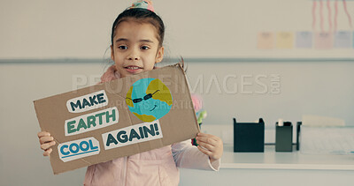 Buy stock photo Student, girl and presentation with poster in classroom for eco friendly project, sustainability lesson and climate change. School, kid and oral speech for environmental conservation and earth day
