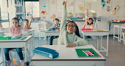 Buy stock photo Girl, child and happy with raised hand at school for question, answer and smile with solution for quiz. Kids, excited and group for problem solving, learning and assessment for education in classroom