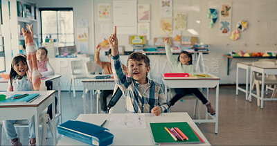 Buy stock photo School, questions and kids in classroom with notes, growth and creative development test in education. Study, learning and students with stationery for writing, drawing and exam for excited children