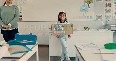 Buy stock photo School, student and presentation with poster in classroom for eco friendly project, recycling lesson and public speaking. Girl, kid or oral speech for environmental conservation, teaching or learning