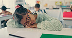 Girl, child and tired with sleeping in classroom with drawing, color or art with fatigue at academy. Kid, lazy and rest with  sketch, bear and burnout for education, development or creative at school
