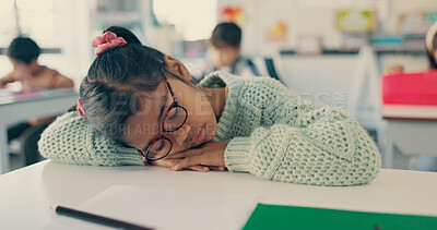 Buy stock photo Girl, child and tired with sleeping in classroom with drawing, color and art with fatigue at academy. Kid, lazy and rest with  sketch, adhd and burnout for education, headache and anxiety at school