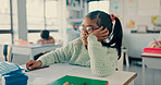 Girl, child and bored with thinking in classroom for drawing, color or art with fatigue at academy. Kid, lazy and tired with  sketch, bear and burnout for education, development or creative at school