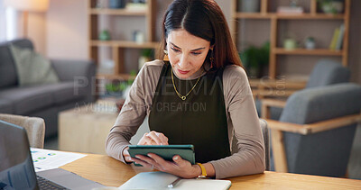 Buy stock photo Reading, remote work or woman on tablet in house with diary for online banking, finance or taxes. Budget, bookkeeping and accountant with journal for profit growth, financial review and research