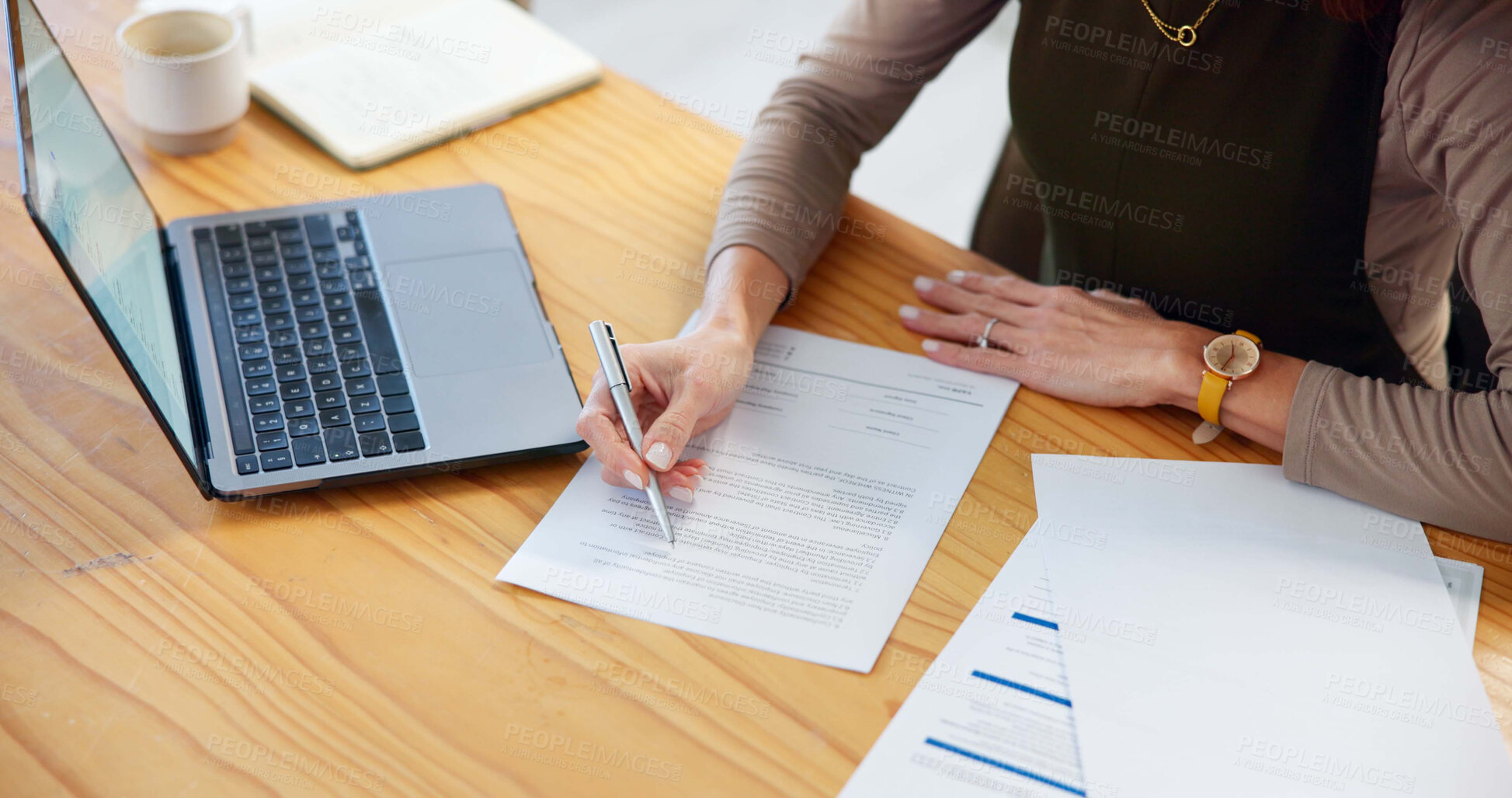 Buy stock photo Writing, hands and woman with laptop for contract, report and legal agreement draft at desk in office. Lawyer, professional and document with policy proposal and paperwork for signature at law firm
