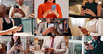 Collage, hands and phone with texting, mobile network and scroll with contact, chat and notification. People, smartphone and click with mobile app, communication and post on social media at workplace