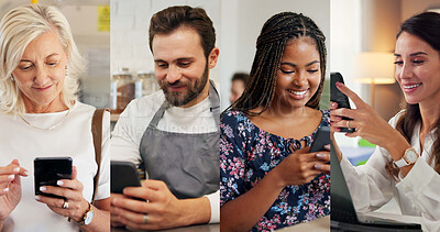 Buy stock photo Happy people, business or typing with phone in collage for social media, communication or network. Group, community or connection with smile on mobile smartphone for online connectivity or global app