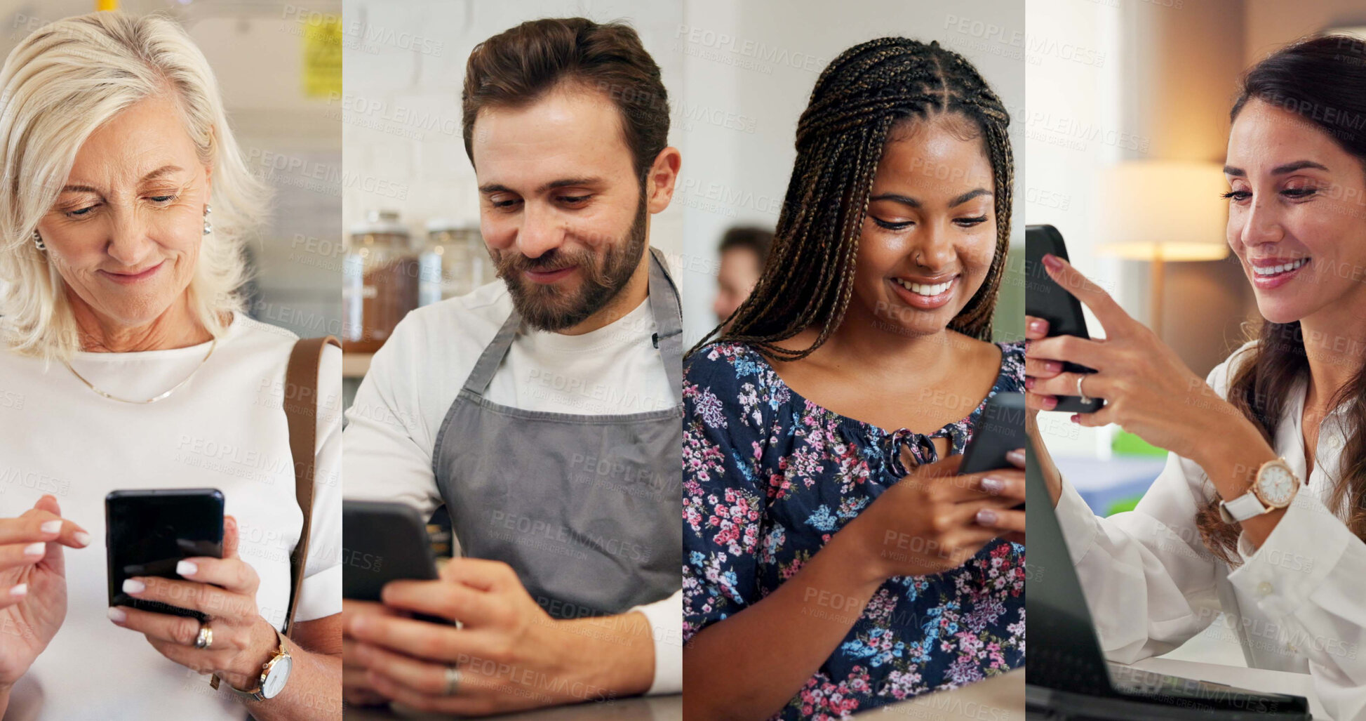 Buy stock photo Happy people, business or typing with phone in collage for social media, communication or network. Group, community or connection with smile on mobile smartphone for online connectivity or global app