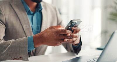 Buy stock photo Cellphone, hands and businessman in office with networking, communication or email on mobile app. Typing, technology and male person with phone for contact, texting or research online in workplace.