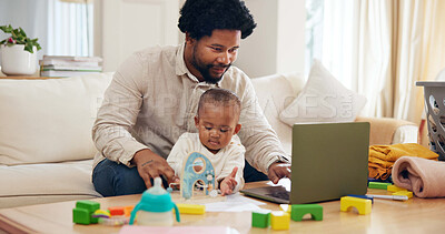 Buy stock photo Reading, toddler or father with laptop for remote work, check online transaction or account management. Bookkeeping, childcare or man with girl for digital audit, review bank statement or multitask