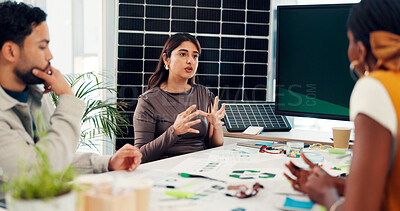 Buy stock photo Woman, group and planning at office meeting, solar panel or solution for renewable energy at startup. People, presentation and talk for sustainable development with photovoltaic electricity at agency