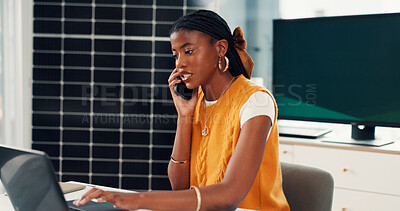 Buy stock photo Solar power, woman or laptop with phone call in office for energy audit, technical guidance or update. Performance analyst, black person or contact client at sustainable job for PV upgrade and advice