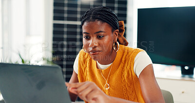 Buy stock photo Employee, online and woman with laptop in office, reading or eco friendly report for risk management. ESG consultant, sustainable and black person with tech for environmental benefits or solar energy