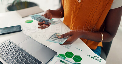 Buy stock photo Cash, documents and hands of woman with laptop in office for saving, investment or profit growth. Computer, paperwork and female person with money for finance planning for company budget in workplace