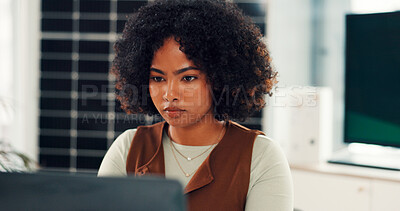 Buy stock photo Business, solar panels and woman in office, laptop and email with research for sustainability. Black person, pc and renewable energy with photovoltaic grid, internet or planning for ecology report