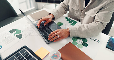 Buy stock photo Employee, online and hands with laptop in office, reading or eco friendly report for risk management. ESG consultant, above and person with tech for environmental benefits, paperwork and sustainable