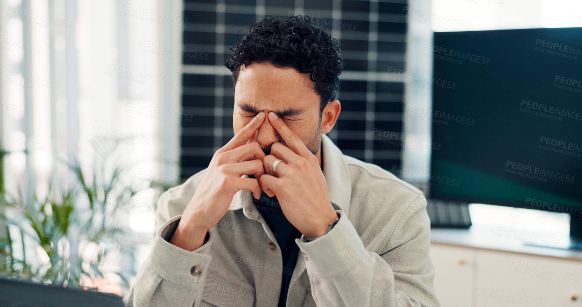 Buy stock photo Man, fatigue or headache in office with tech for bad news, environmental compliance issue and fail. Tired, person or migraine with sustainability problem, greenwashing penalty or ESG reputation risk.
