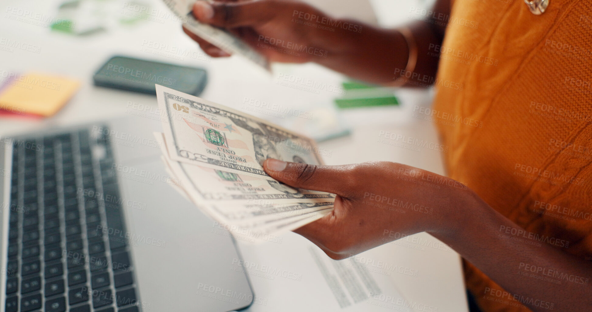 Buy stock photo Business woman, hands and counting with dollar bills in office for money, budget or expenses. Closeup, female person or accountant with cash for financial planning, cashflow or savings in workplace