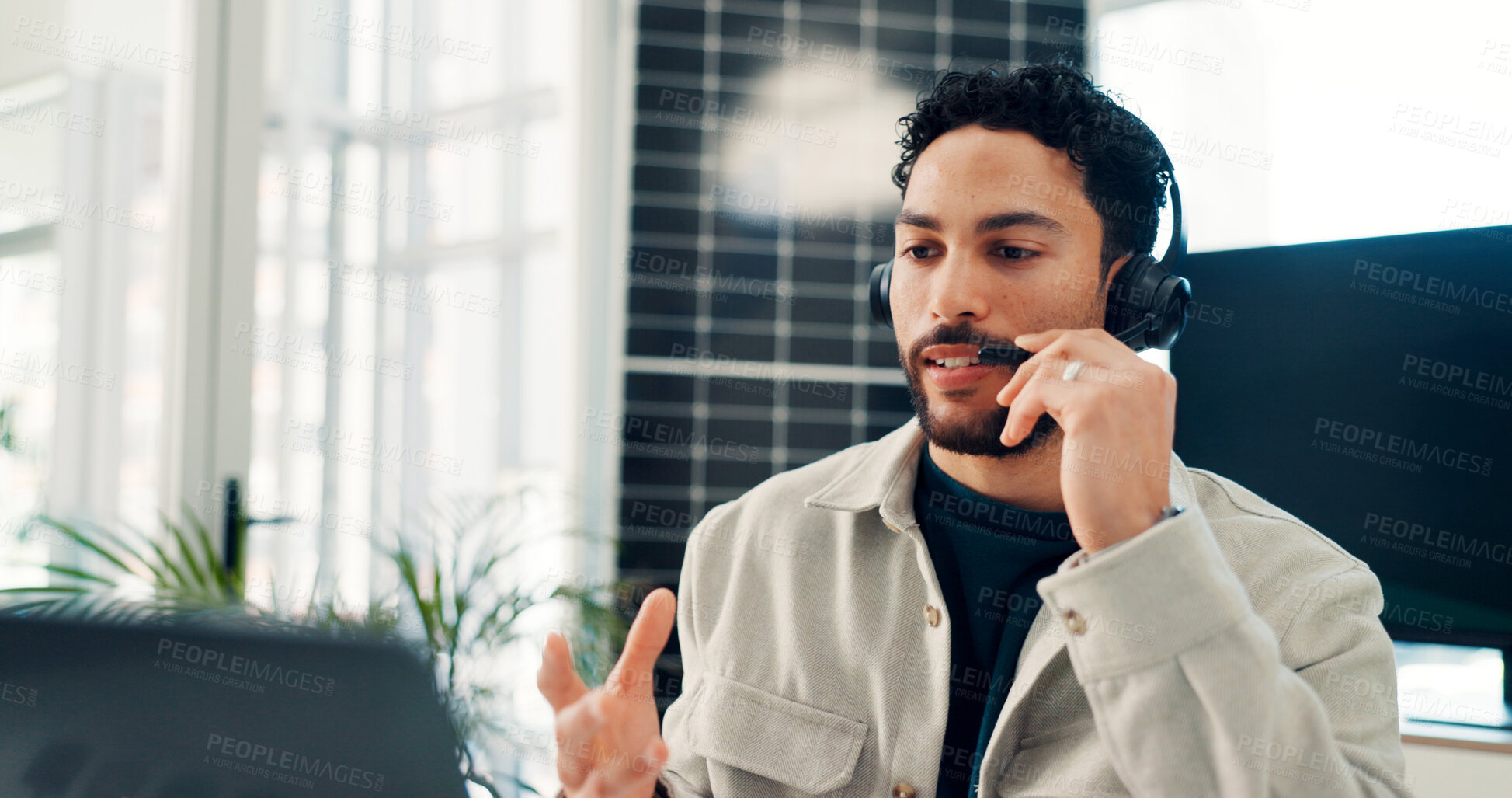 Buy stock photo Businessman, consultant and call center with headset for solar power or renewable energy in office. Man, agent or talking with mic for online advice, virtual assistance or eco friendly campaign