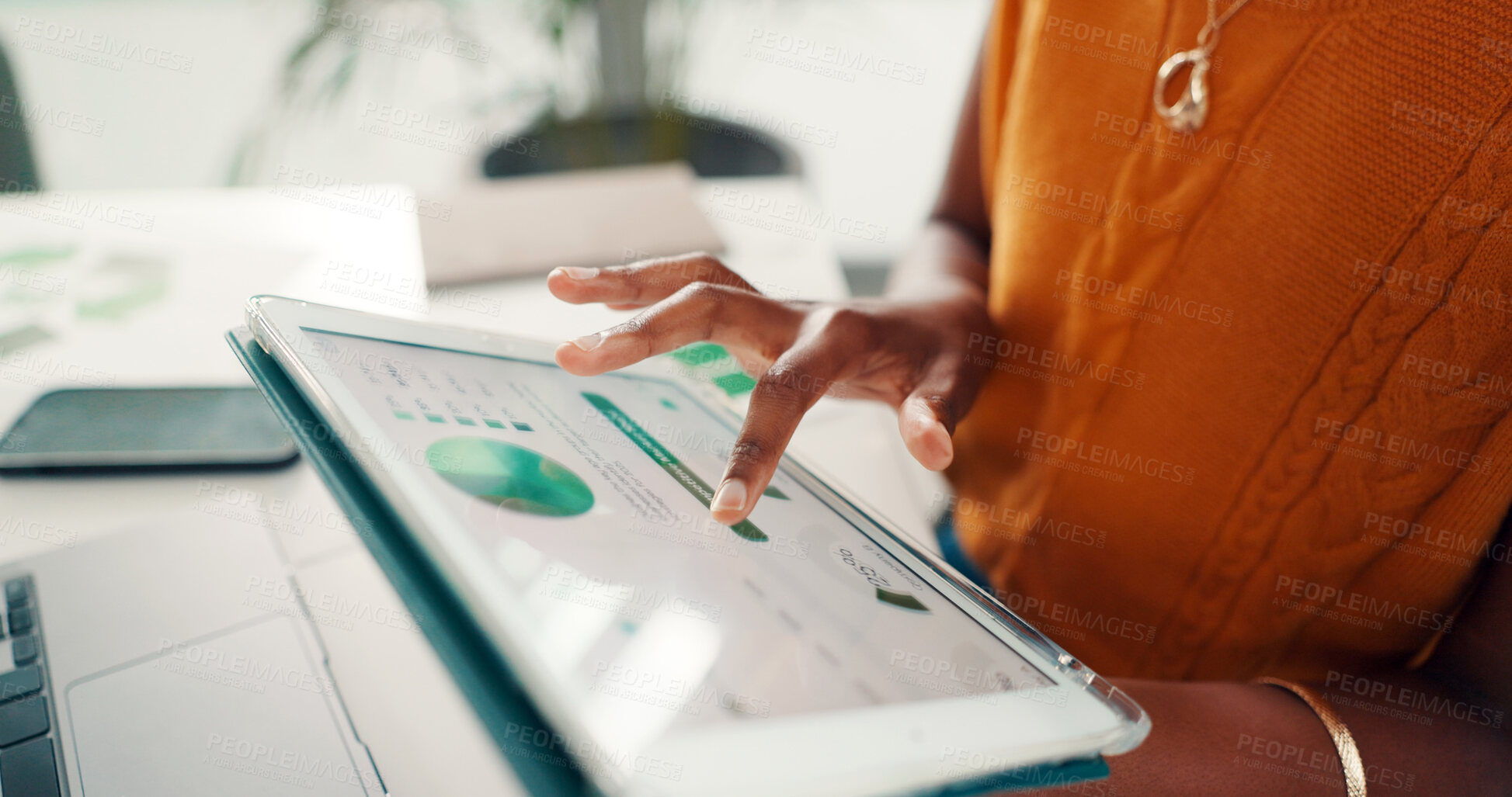 Buy stock photo Information, hands and tablet screen with business person at desk in office to review charts or graphs. Data, statistics on digital display and technology with employee in workplace for analysis
