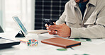 Man, hands or typing in office with phone for sustainable business communication, email or notification. Person, scroll or browsing with tech for ESG mobile app, environmental website or text message