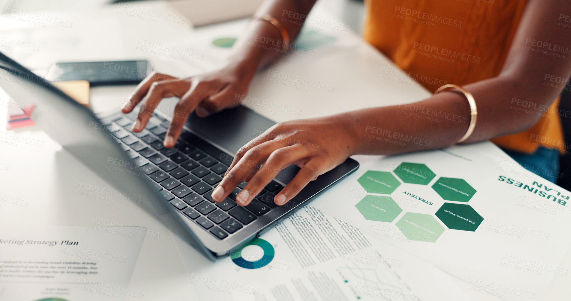 Buy stock photo Hands, person and typing on laptop in office with solar panel, research and grid planning. Woman, pc and email client for photovoltaic installation, sustainable solution and information for project