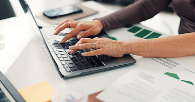 Buy stock photo Typing, laptop and hands of woman with graphs for planning, paperwork and online report. Tech, office and employee with research for documents, proposal or administration with project management