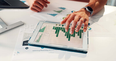 Buy stock photo Hands, tablet and screen with graphs, revenue and review for company sales or data analysis in office. Tech, research and person with statistics, report and profit with ui and business analytics