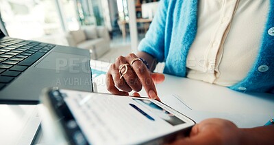 Buy stock photo Phone screen, hands and woman in office with scrolling for reading blog post on mobile app. Cellphone, technology and closeup of female employee on website for online news headline in workplace.