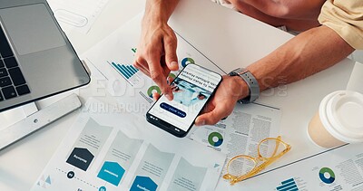 Buy stock photo Graphs, above or hands in office with phone screen, market update or browse in new revenue stream. Tech, man or analyst in agency with paper, online article or growth opportunity for company report.