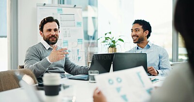 Buy stock photo Business people, meeting and discussion with documents for analytics or company performance. Group, employees or colleagues with paperwork or laptop for revenue, statistics or progress in workplace