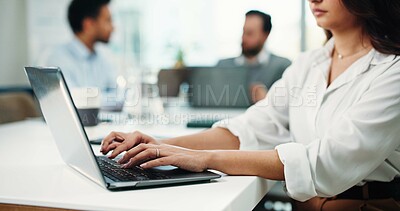 Buy stock photo Review, laptop and research with business man in office for assets, account report and planning. Portfolio manager, broker budget and online with person in agency for risk assessment and reading