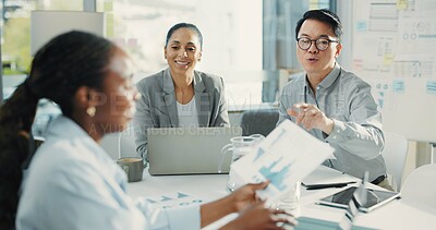 Buy stock photo Business people, laptop and meeting with graphs for document, proposal or accounting report at office. Group of employees, paperwork and discussion for company revenue, profit or financial growth