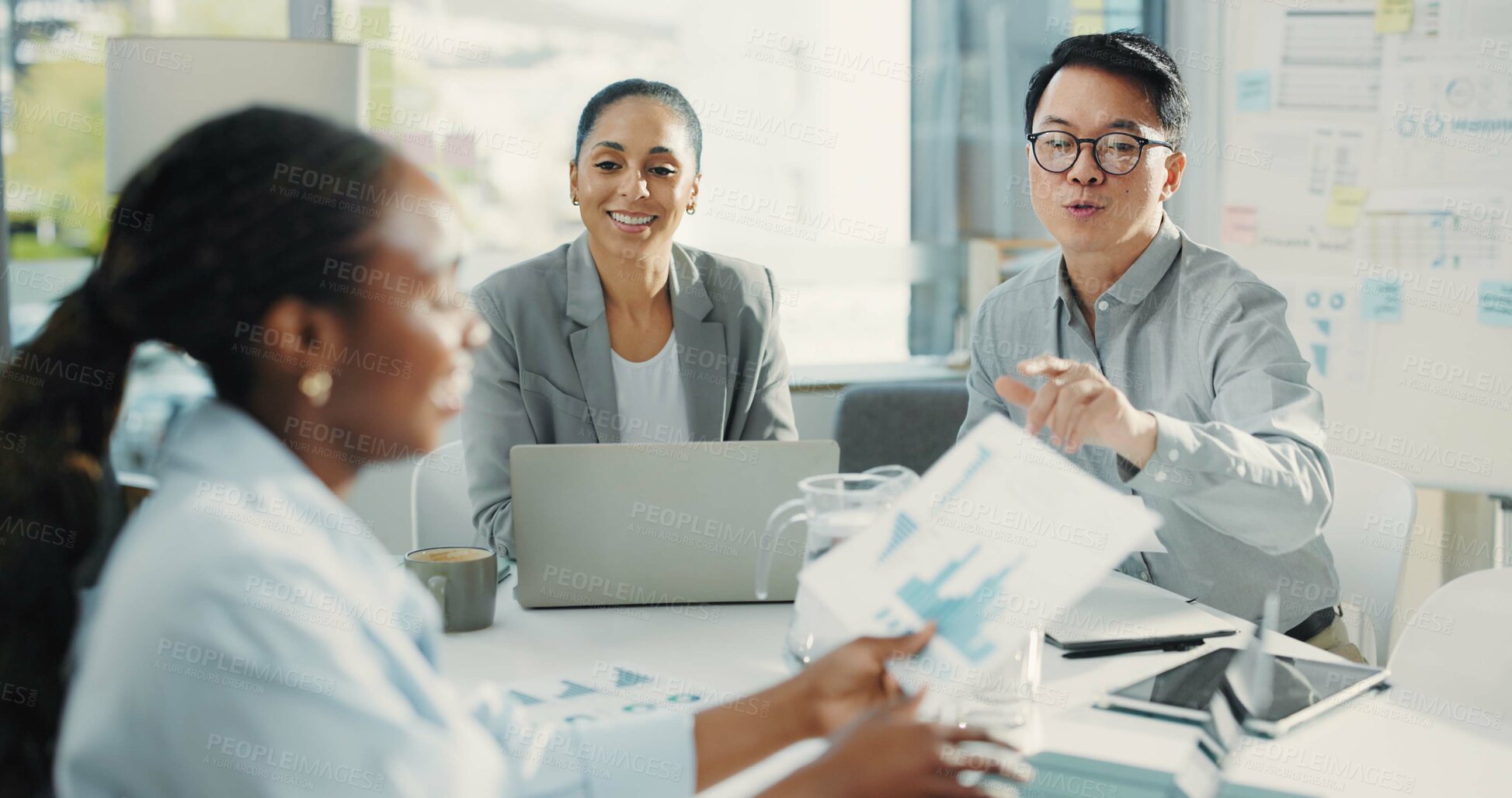 Buy stock photo Business people, laptop and meeting with graphs for document, proposal or accounting report at office. Group of employees, paperwork and discussion for company revenue, profit or financial growth