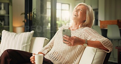 Buy stock photo Home, smartphone and old woman on sofa, funny meme and internet social media. Apartment, happiness and mature person with cellphone, laughing and message to contact, smile and app for online humor