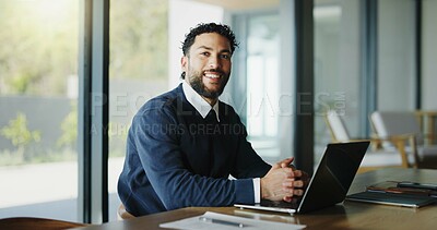 Buy stock photo Laptop, portrait and research with business man in office for real estate broker, property listing and planning. Escrow account closer, realtor proposal and project with person in agency for report