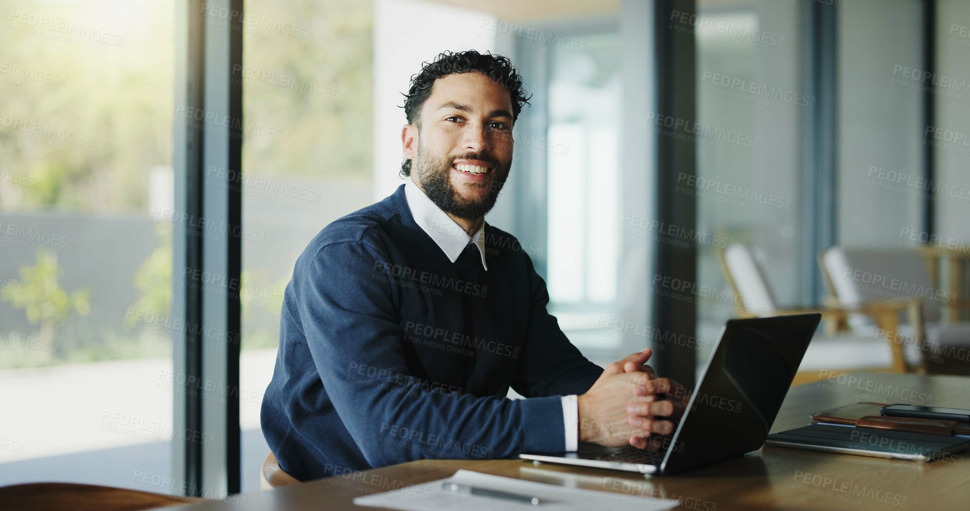 Buy stock photo Laptop, portrait and research with business man in office for real estate broker, property listing and planning. Escrow account closer, realtor proposal and project with person in agency for report