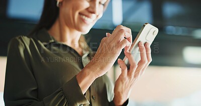 Buy stock photo Below, hands and woman with cellphone, smile and media agency with magazine success. Mature person, low angle and journalist with smartphone, feedback or good news with internet or online publication