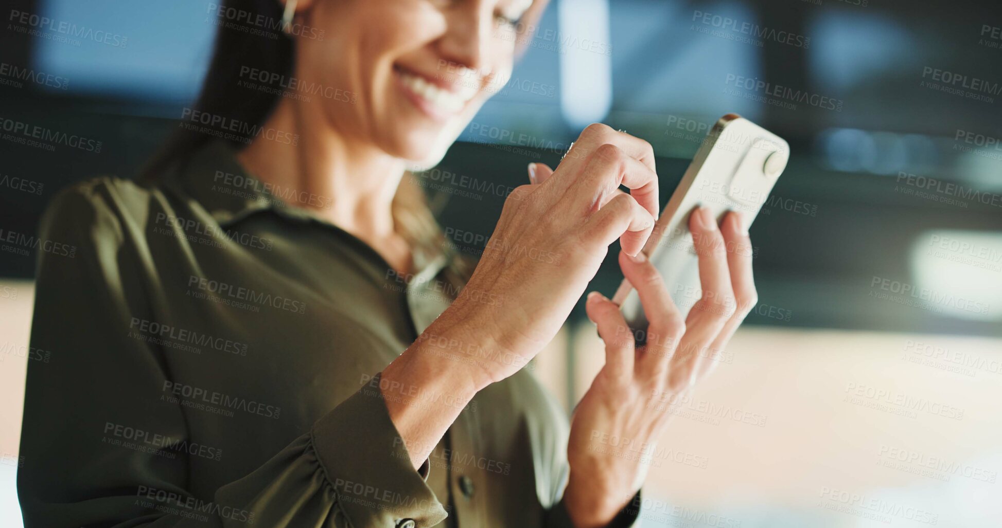 Buy stock photo Below, hands and woman with cellphone, smile and media agency with magazine success. Mature person, low angle and journalist with smartphone, feedback or good news with internet or online publication