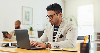Buy stock photo Typing, business man and laptop in office for editing press release, monitor news coverage or review. Coworking, media relations manager and tech at PR agency for statement draft and email response