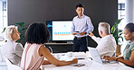 Business people, presentation and screen in boardroom with question, data analysis and stats discussion. Team, meeting and speaker talking in office with tech, documents and qna feedback for graphs.