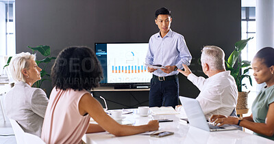 Buy stock photo Business people, presentation and screen in boardroom with question, data analysis and stats discussion. Team, meeting and speaker talking in office with tech, documents and qna feedback for graphs.