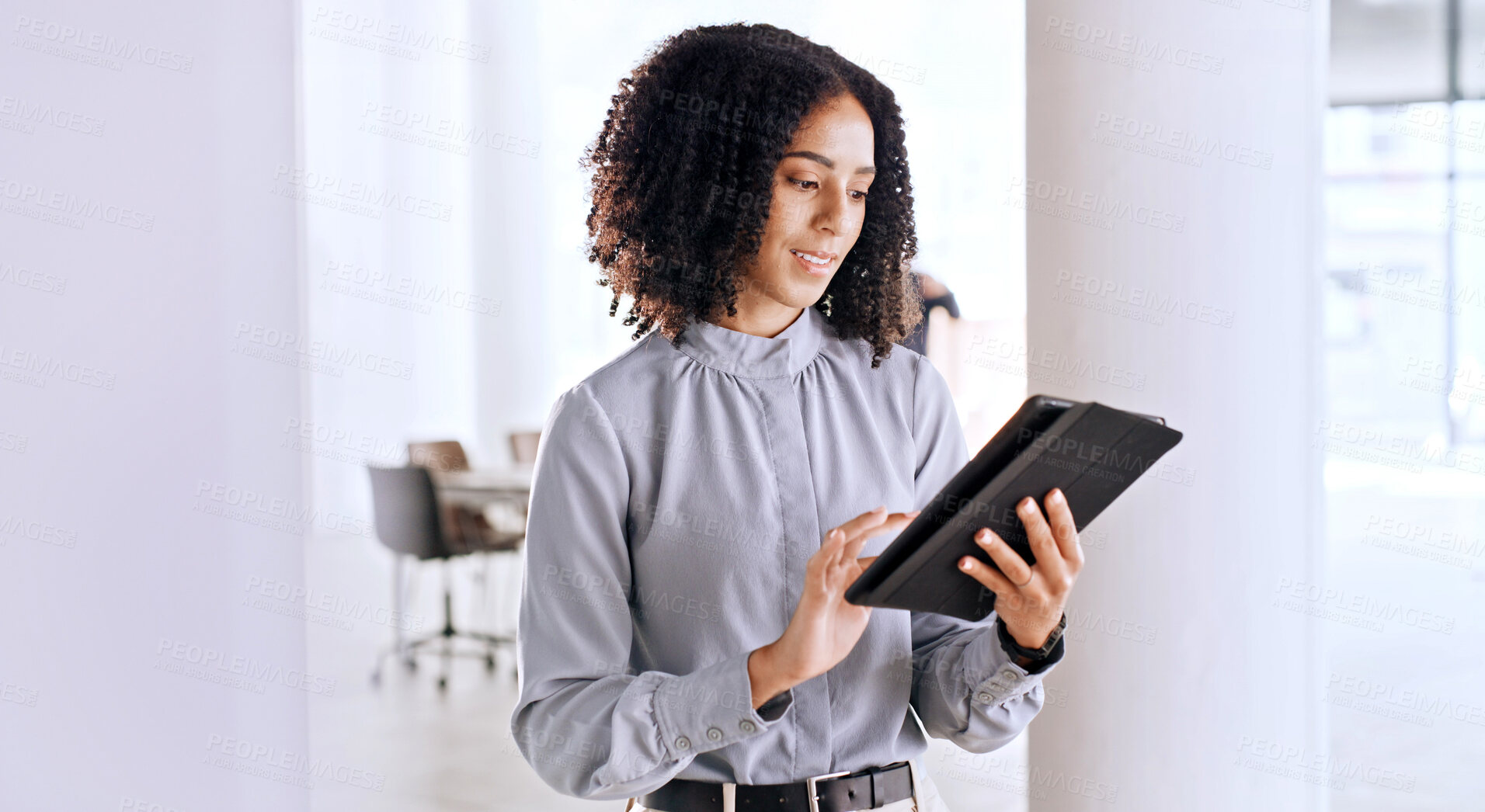 Buy stock photo Business, tablet and woman in office, financial advisor and internet with email for b2b deal. Person, investor and employee in workplace, tech and digital app for finance review and trading portfolio