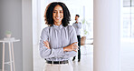 Realtor, portrait or woman in office with arms crossed, pride or career as property seller. Smile, broker or real estate agent in workplace with confidence, experience or profession in housing market