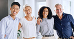 Business, portrait and people in office, smile and teamwork with financial advisor, about us and pride. Group, men and women in workplace, cooperation or support with investment company or confidence